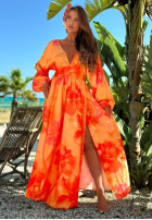 Rochie maxi z długimi rękawami w kwiaty Aloha Bloom portocalie