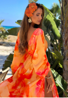 Rochie maxi z długimi rękawami w kwiaty Aloha Bloom portocalie