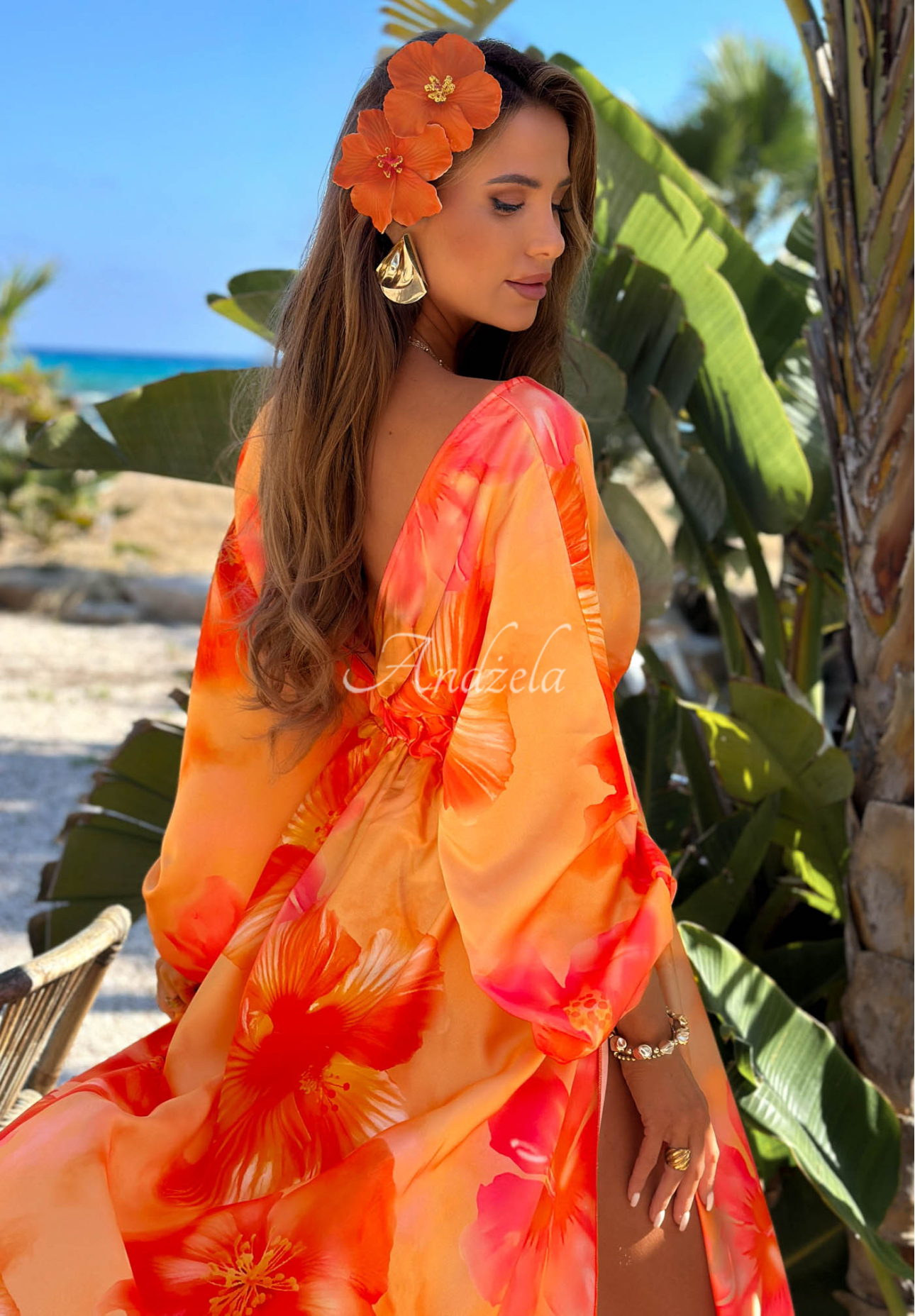 Rochie maxi cu mâneci lungi și imprimeu floral Aloha Bloom
