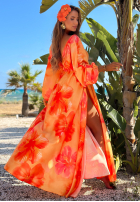 Rochie maxi z długimi rękawami w kwiaty Aloha Bloom portocalie