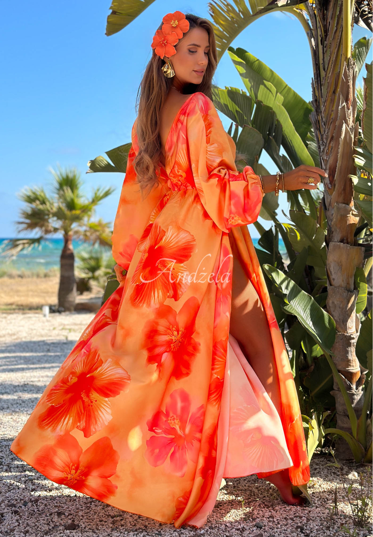 Rochie maxi cu mâneci lungi și imprimeu floral Aloha Bloom