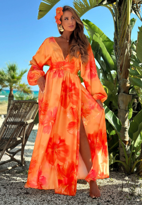 Rochie maxi cu mâneci lungi și imprimeu floral Aloha Bloom