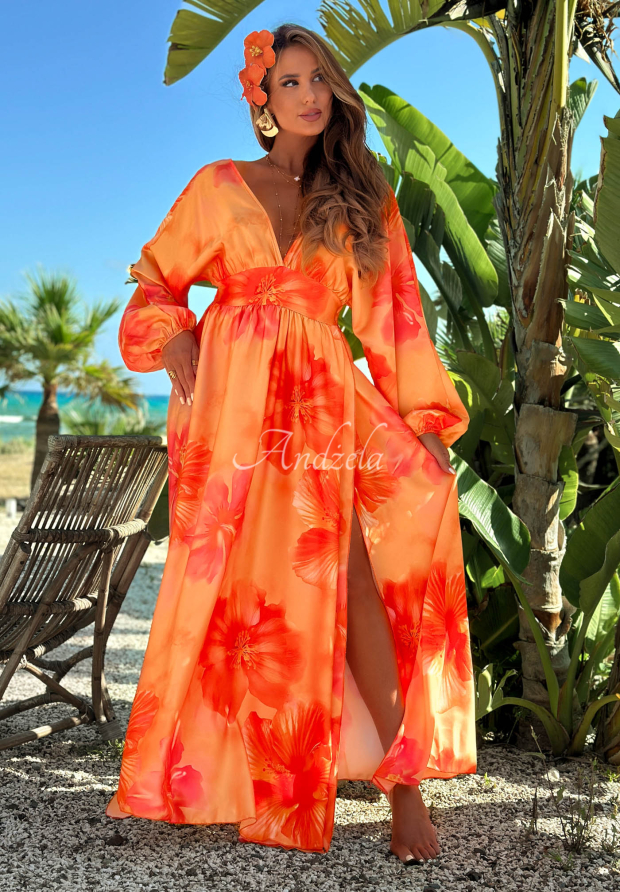 Rochie maxi cu m&acirc;neci lungi și imprimeu floral Aloha Bloom
