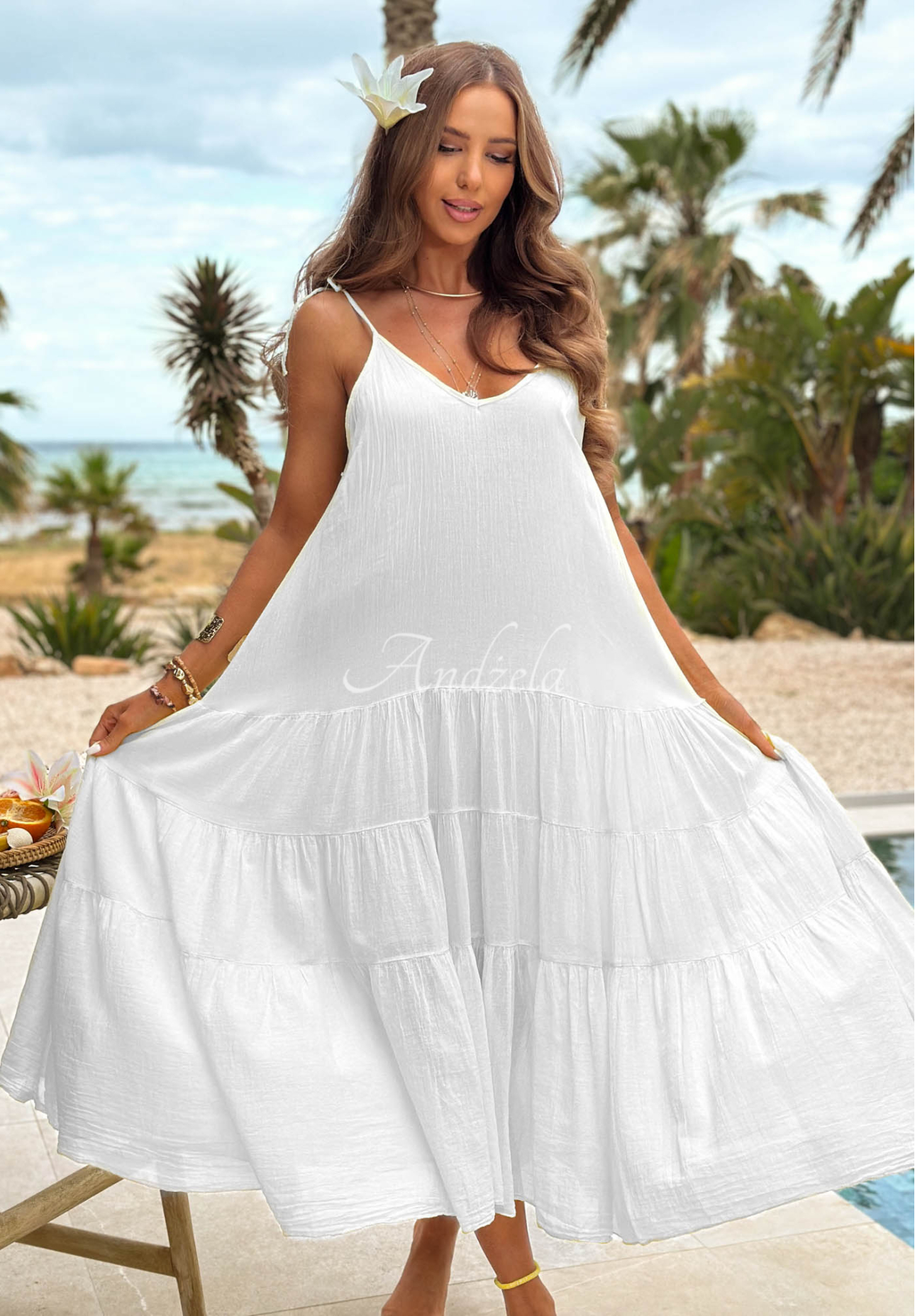 Rochie aerisită din bumbac pe bretele cu volănașe Hot Waves