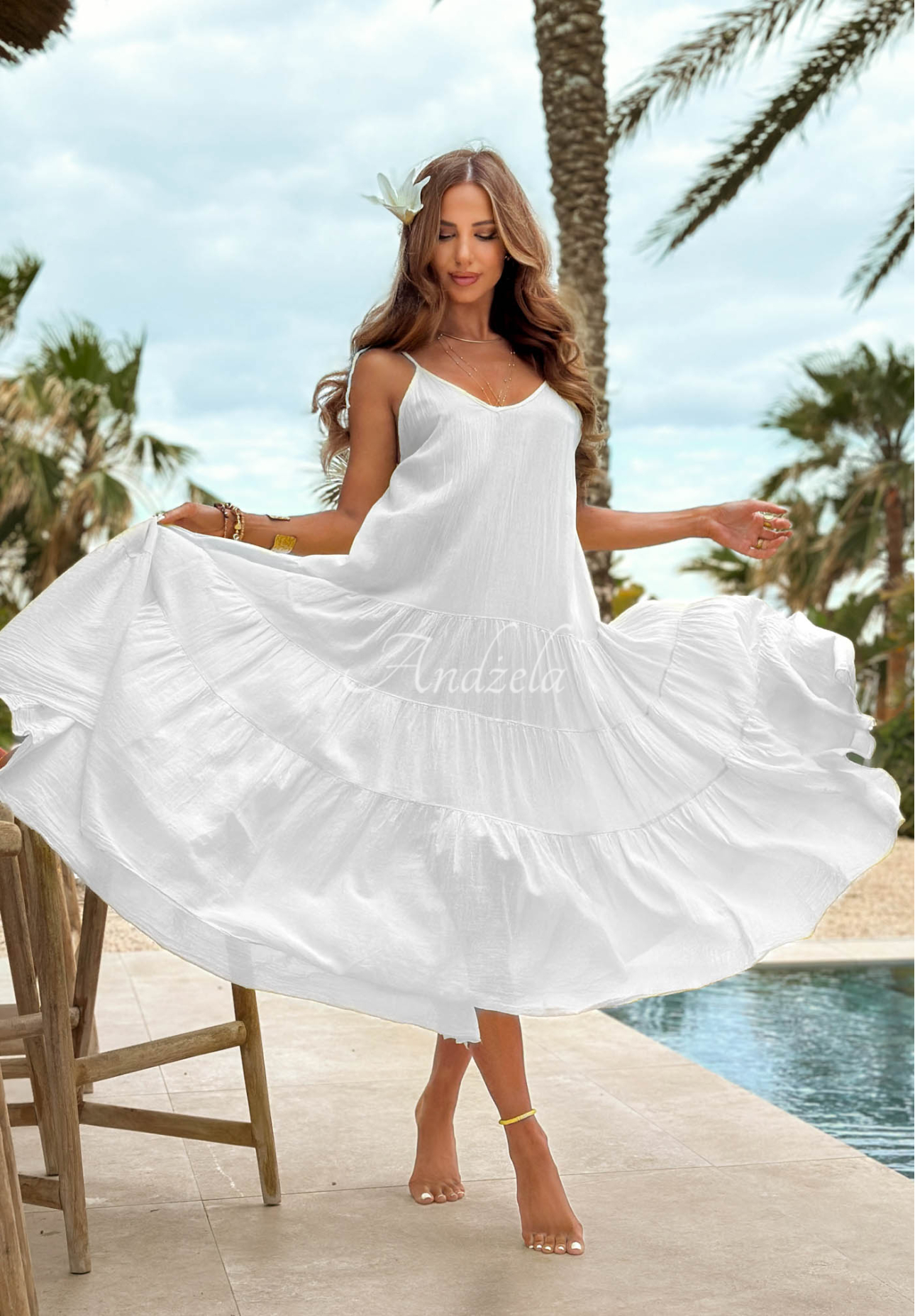 Rochie aerisită din bumbac pe bretele cu volănașe Hot Waves