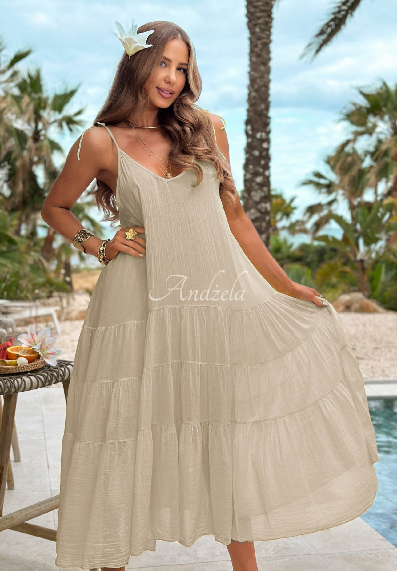 Rochie aerisită din bumbac pe bretele cu volănașe Hot Waves