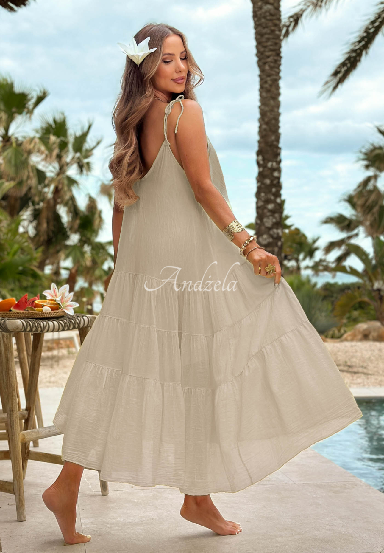 Rochie aerisită din bumbac pe bretele cu volănașe Hot Waves