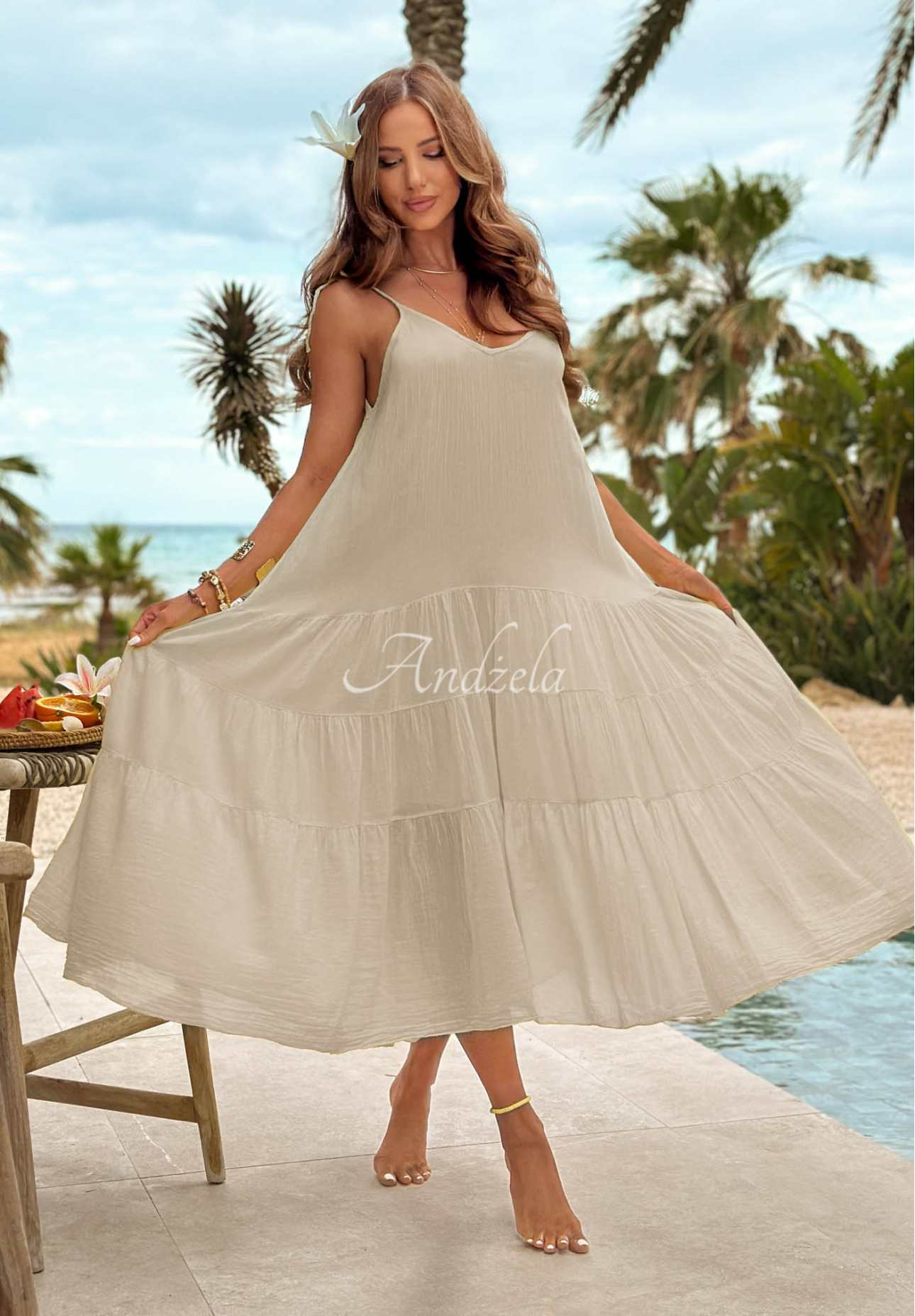Rochie aerisită din bumbac pe bretele cu volănașe Hot Waves