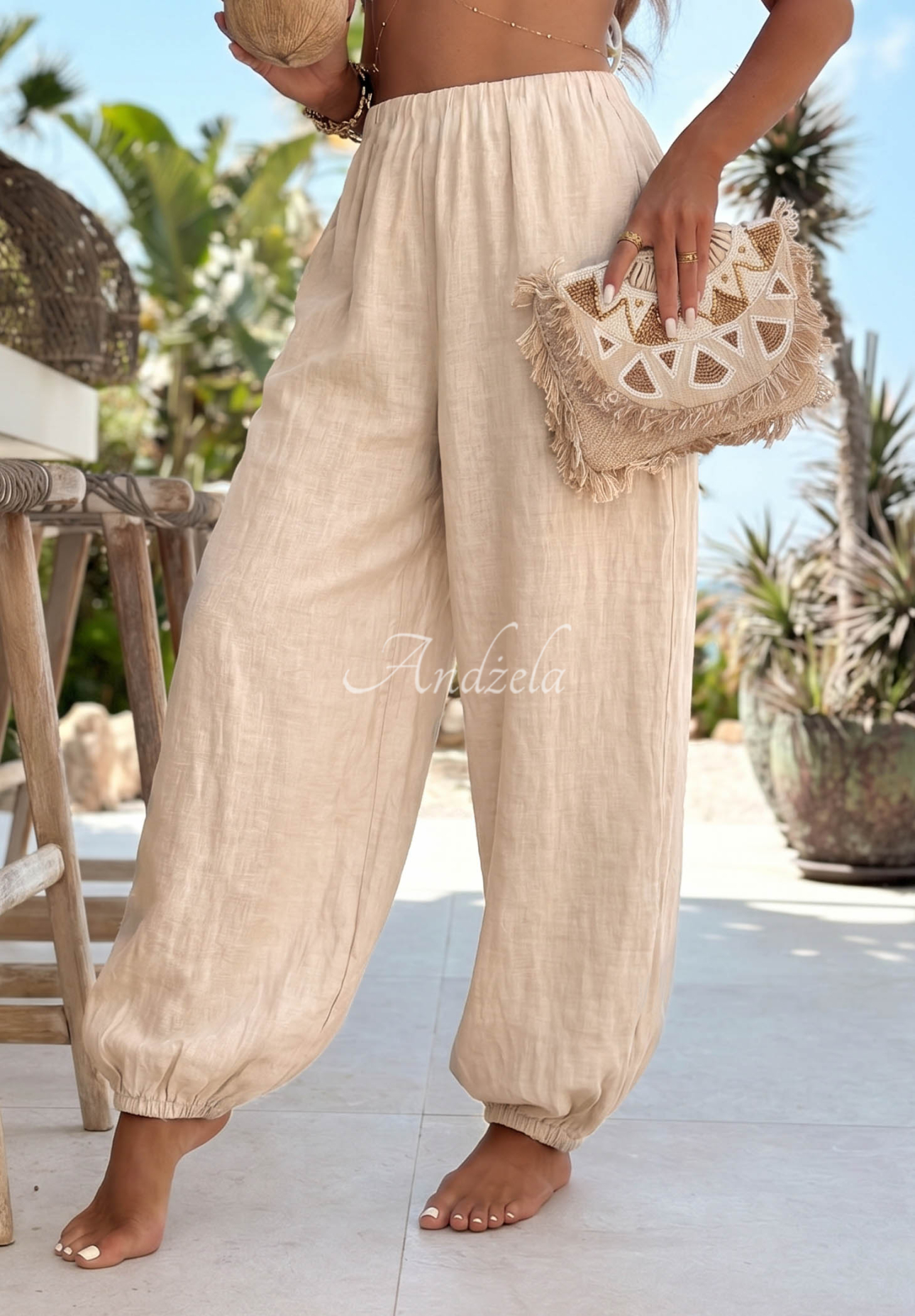 Pantaloni harem din in cu elastic Sun Outfit