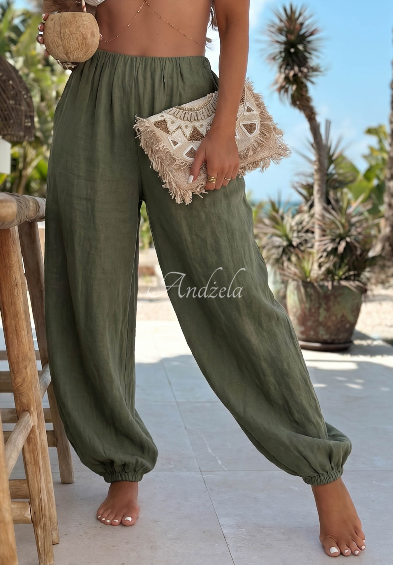 Pantaloni harem din in cu elastic Sun Outfit