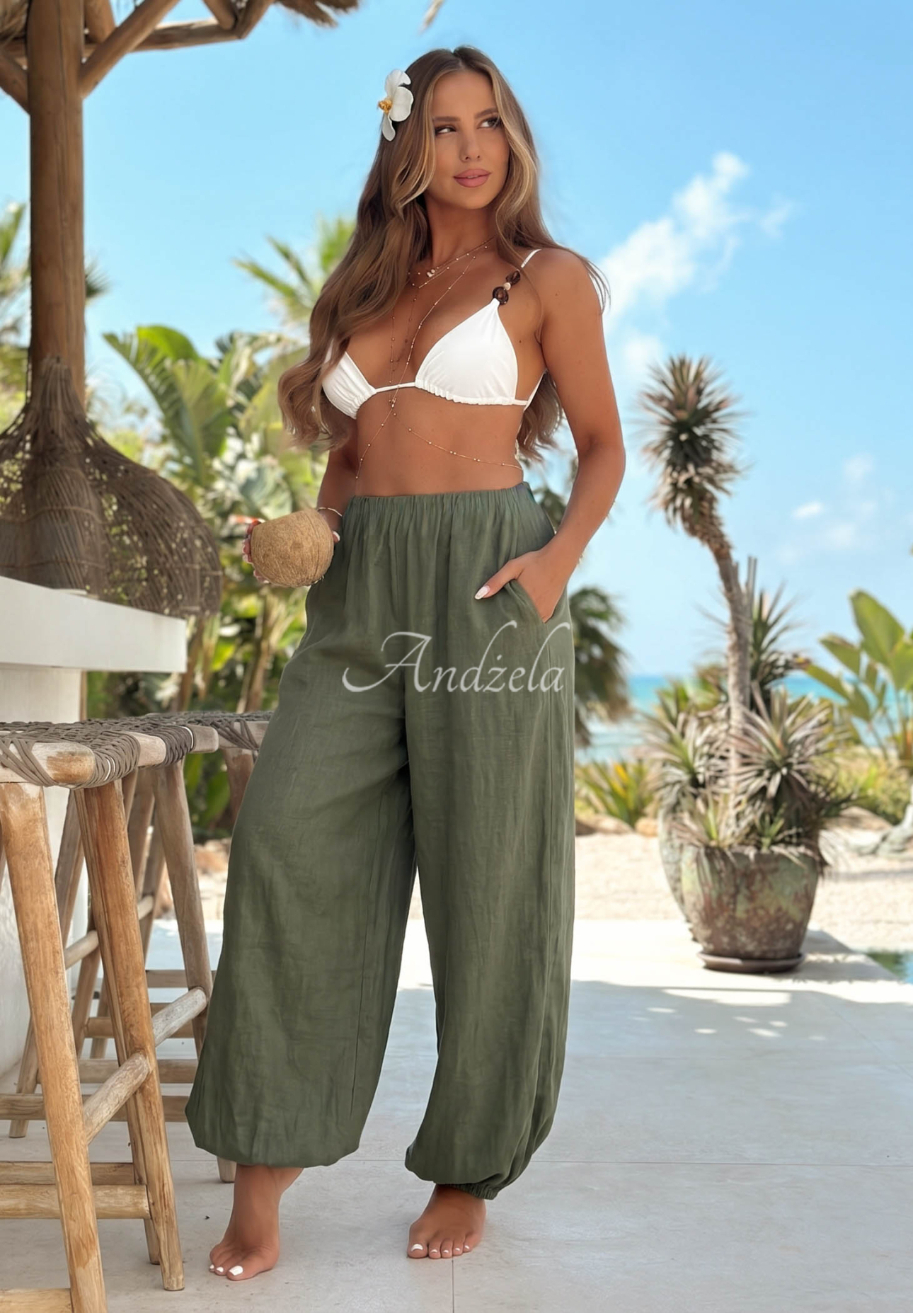 Pantaloni harem din in cu elastic Sun Outfit