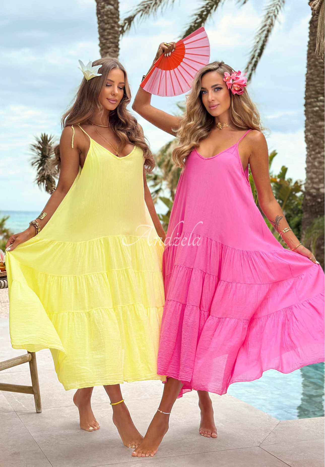 Rochie aerisită din bumbac pe bretele cu volănașe Hot Waves