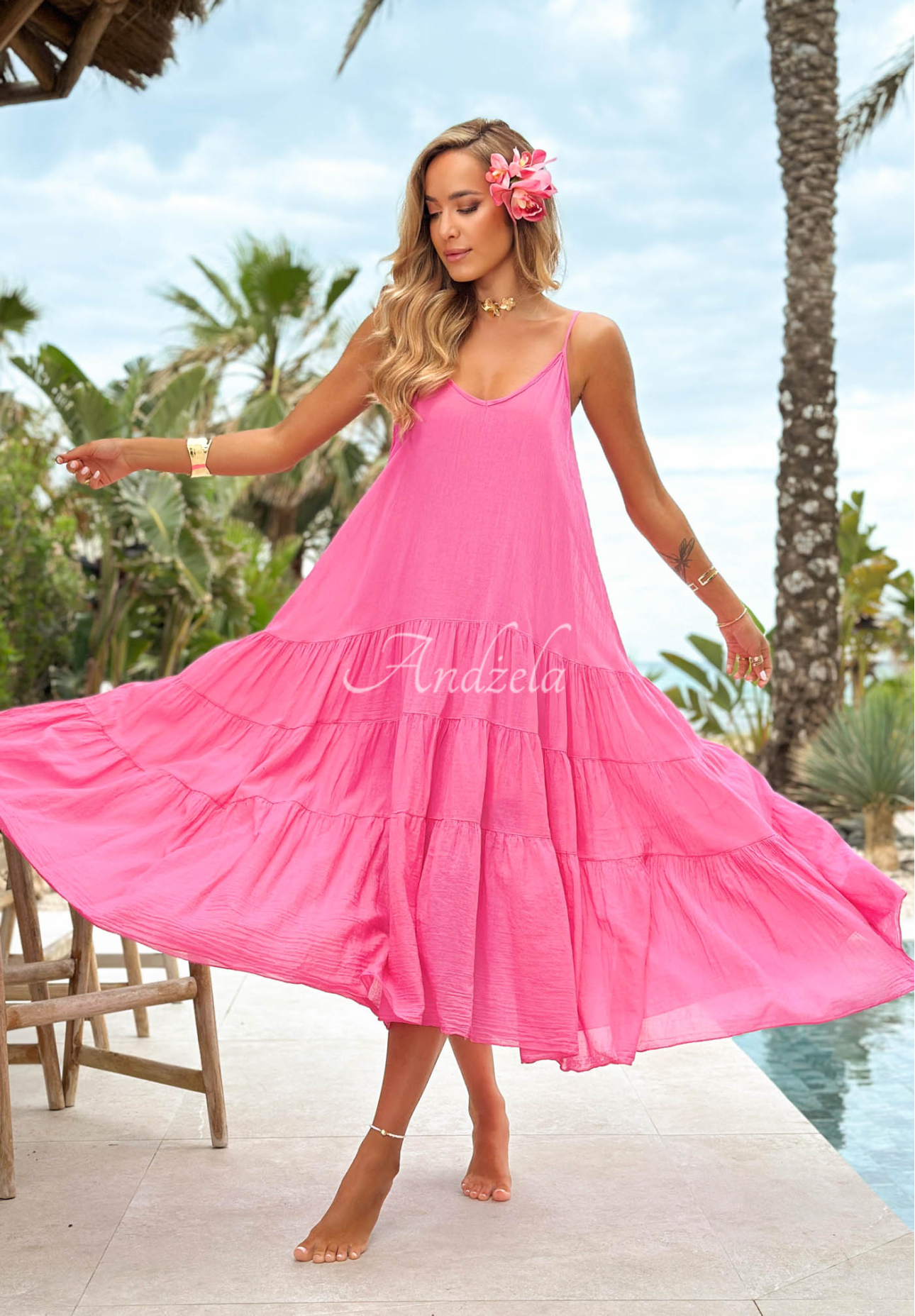 Rochie aerisită din bumbac pe bretele cu volănașe Hot Waves