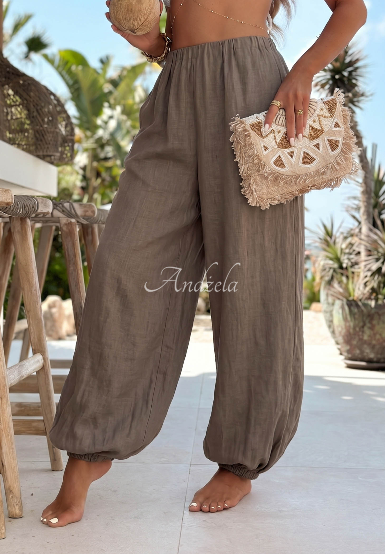 Pantaloni harem din in cu elastic Sun Outfit