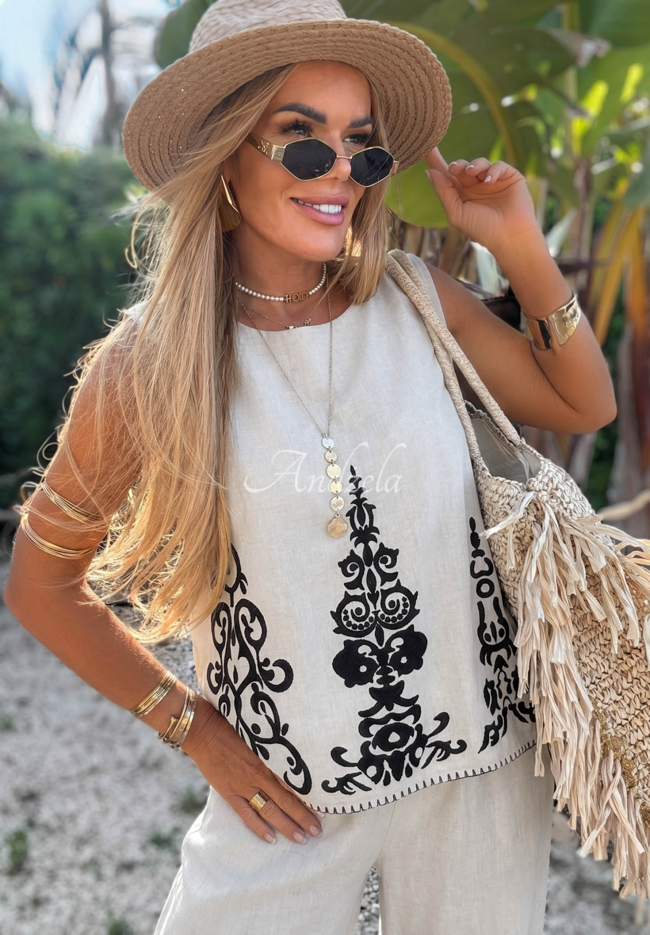 Set cu imprimeu din bumbac cu Top  și pantaloni wide leg Palm Residence