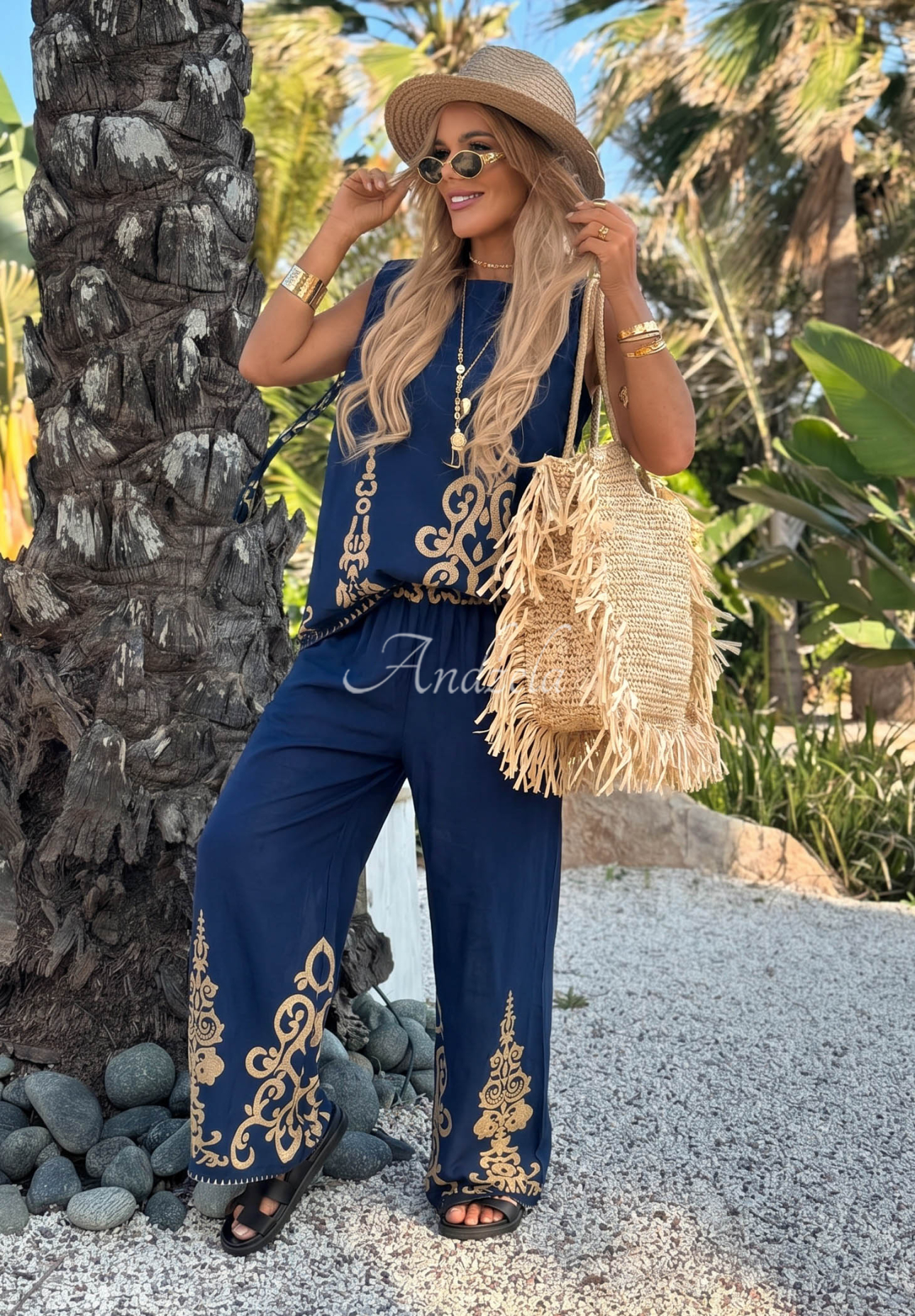 Set cu imprimeu din bumbac cu Top  și pantaloni wide leg Palm Residence