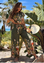Wzorzysty Compleu Bluză i Pantaloni wide leg Tropical Flora kaki