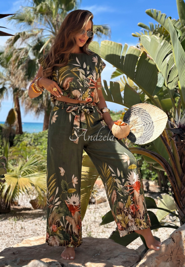 Set din viscoză cu imprimeu, bluză și pantaloni wide leg Tropical Flora
