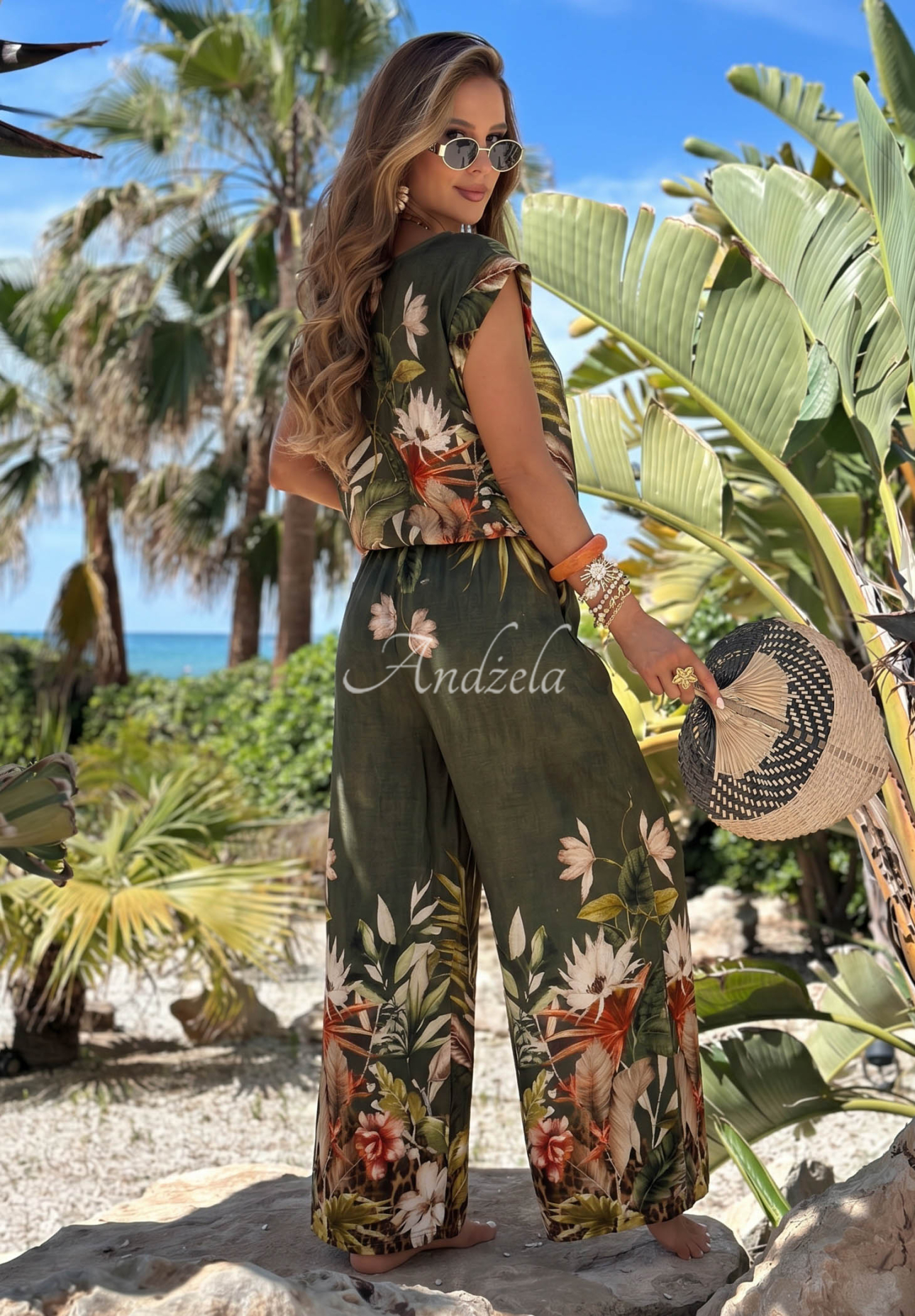 Set bluză din viscoză cu imprimeu și pantaloni cu croi larg Tropical Flora