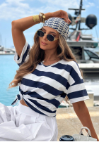 Bawełniany Tricou z dekoltem w paski Summer Lemonade biało-bluemarin