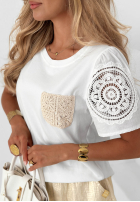 Tricou z koronką i kieszonką Tropical Pearl Alb