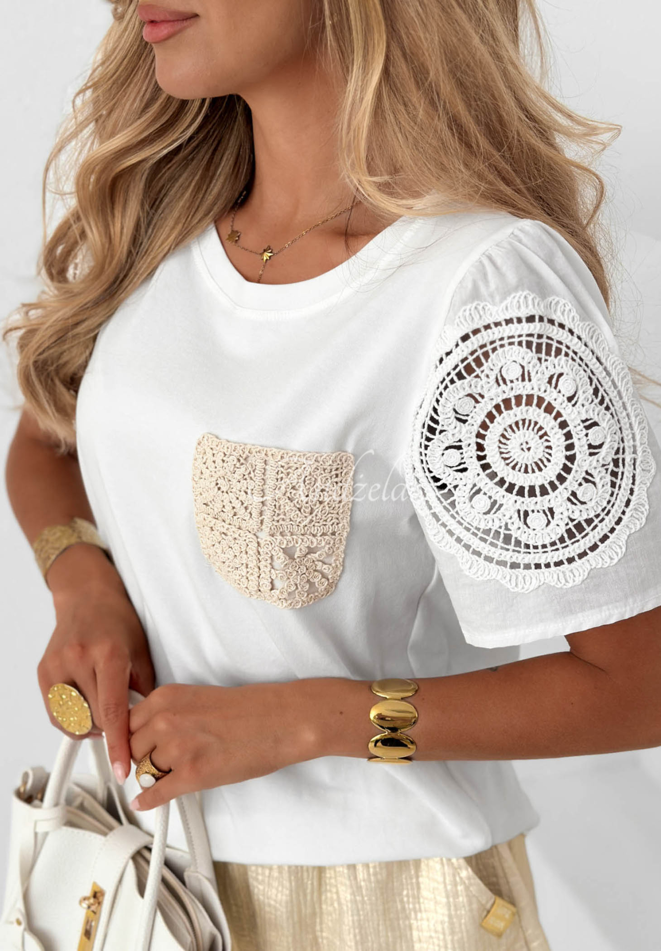 Tricou din bumbac cu dantelă și buzunar Tropical Pearl
