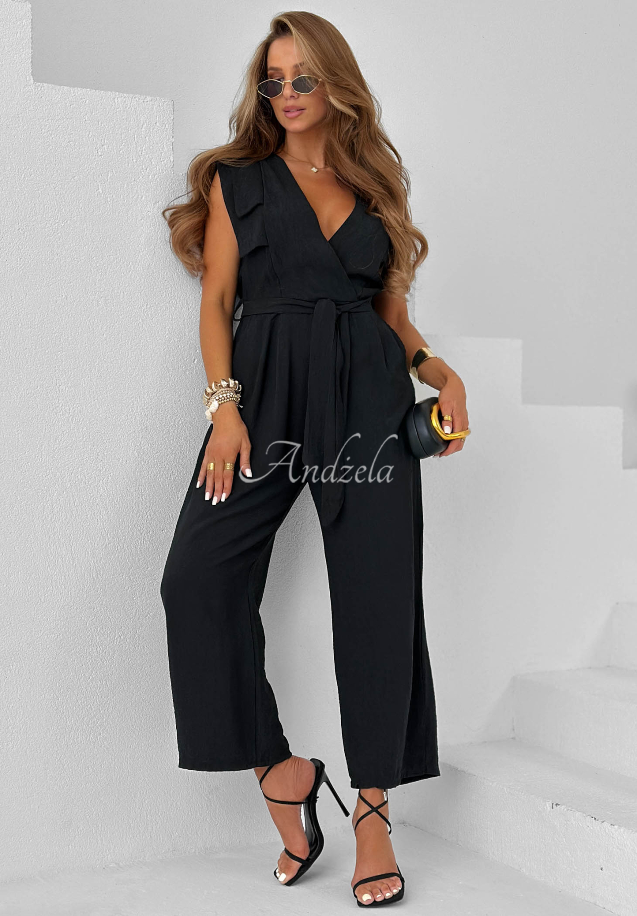Salopetă lungă din viscoză wide leg cu curea Warm Sands