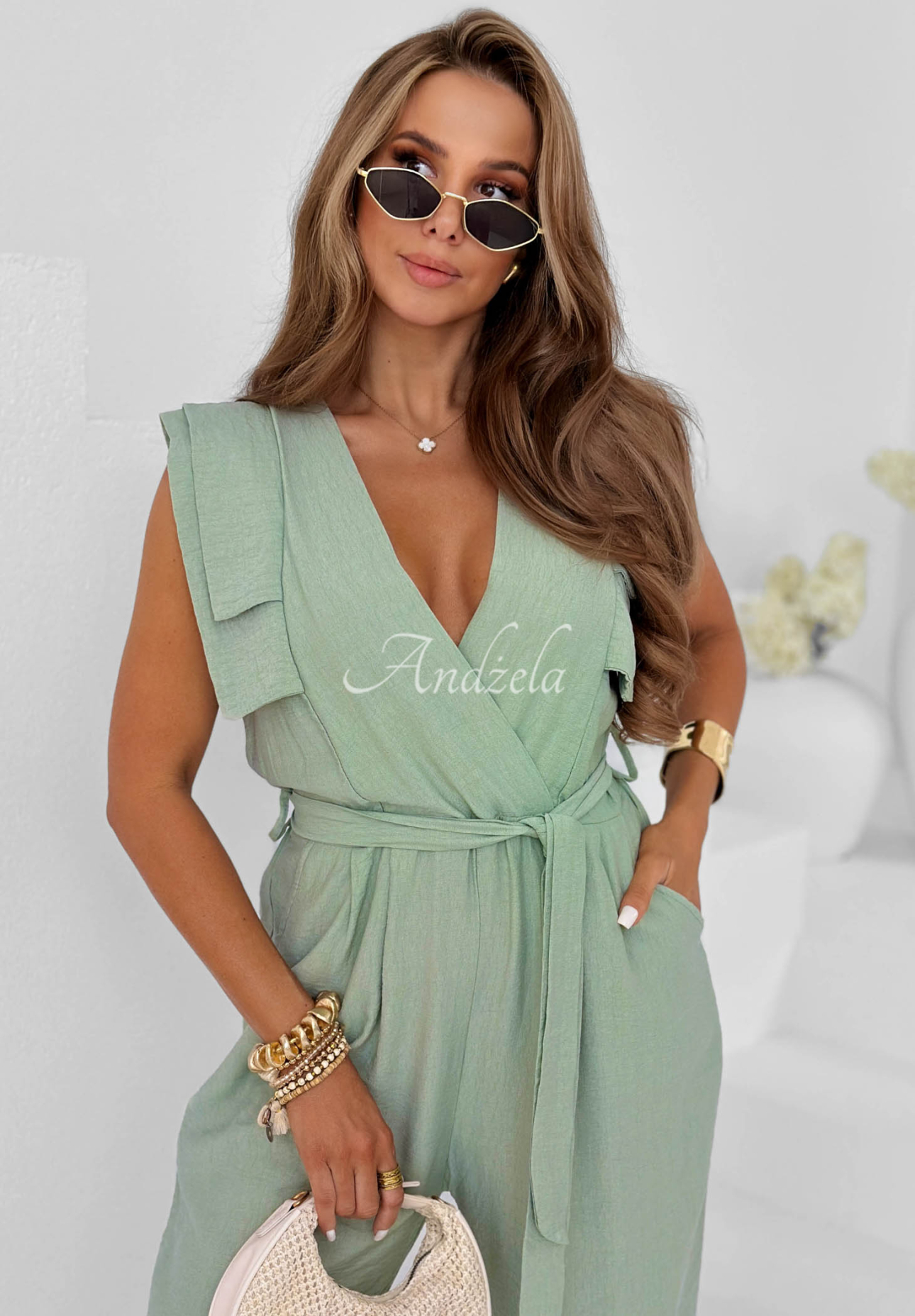 Salopetă lungă din viscoză wide leg cu curea Warm Sands