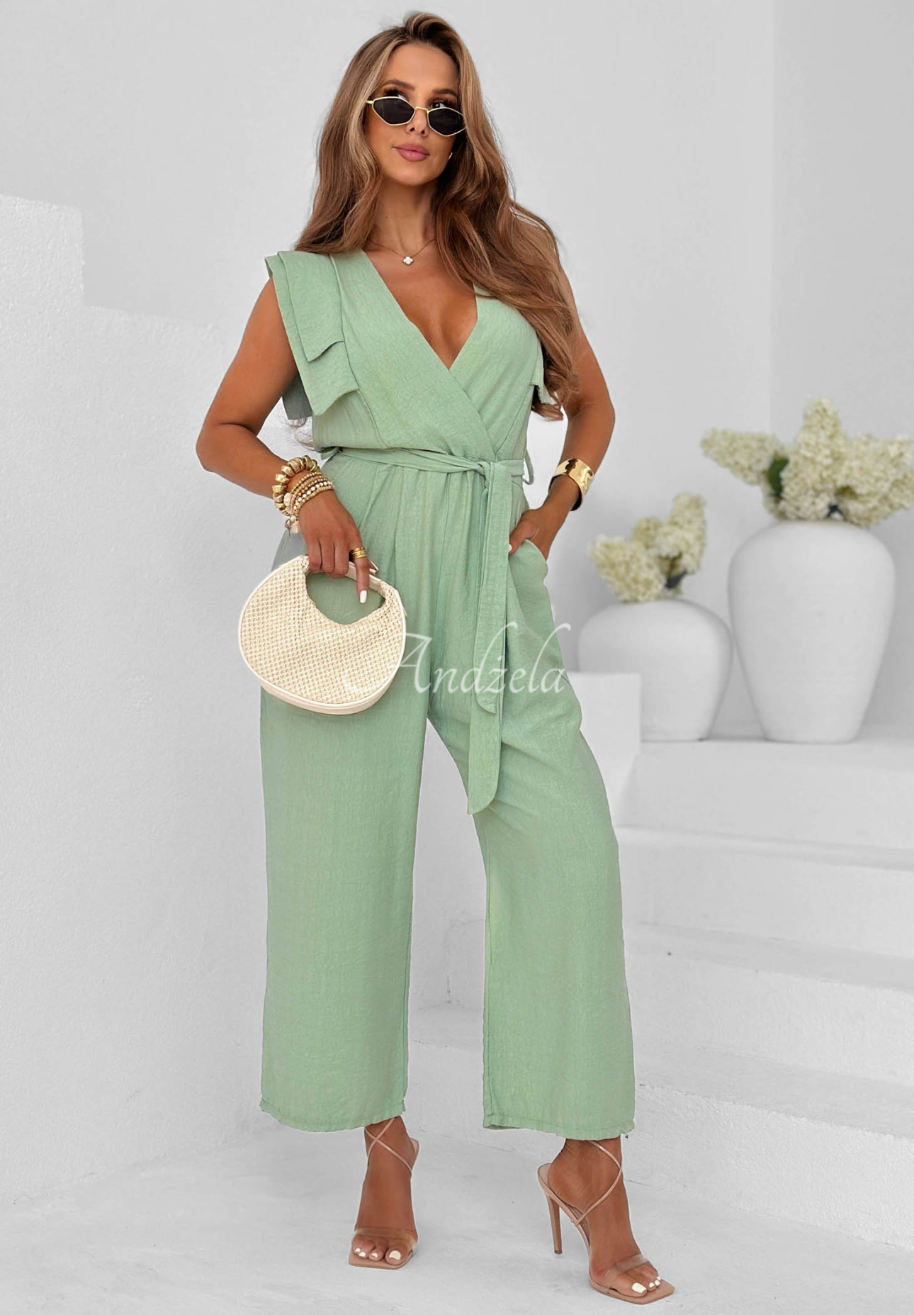 Salopetă lungă din viscoză wide leg cu curea Warm Sands