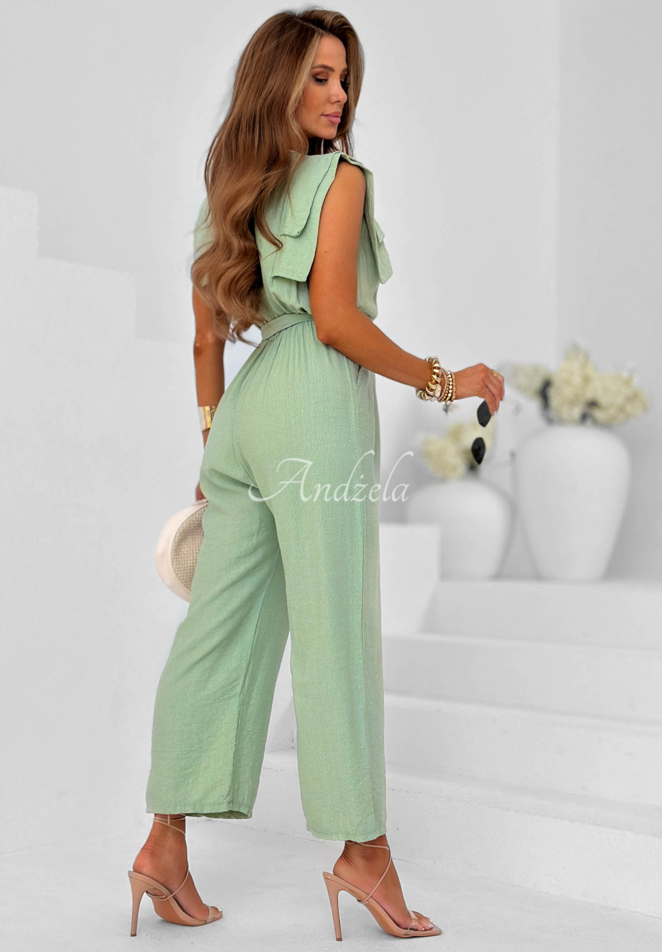 Salopetă lungă din viscoză wide leg cu curea Warm Sands