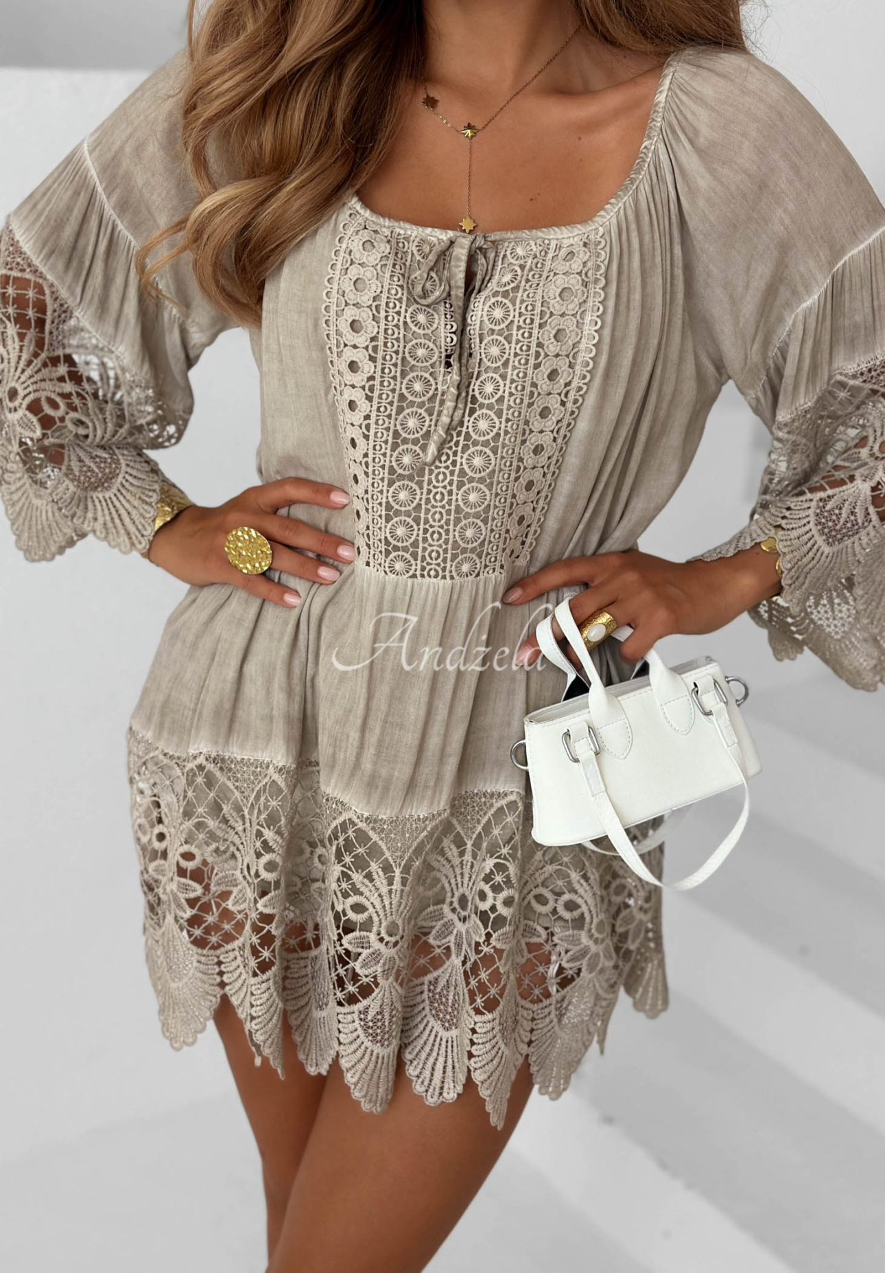 Bluză tunică din viscoză cu dantelă boho Sunny Lagoon