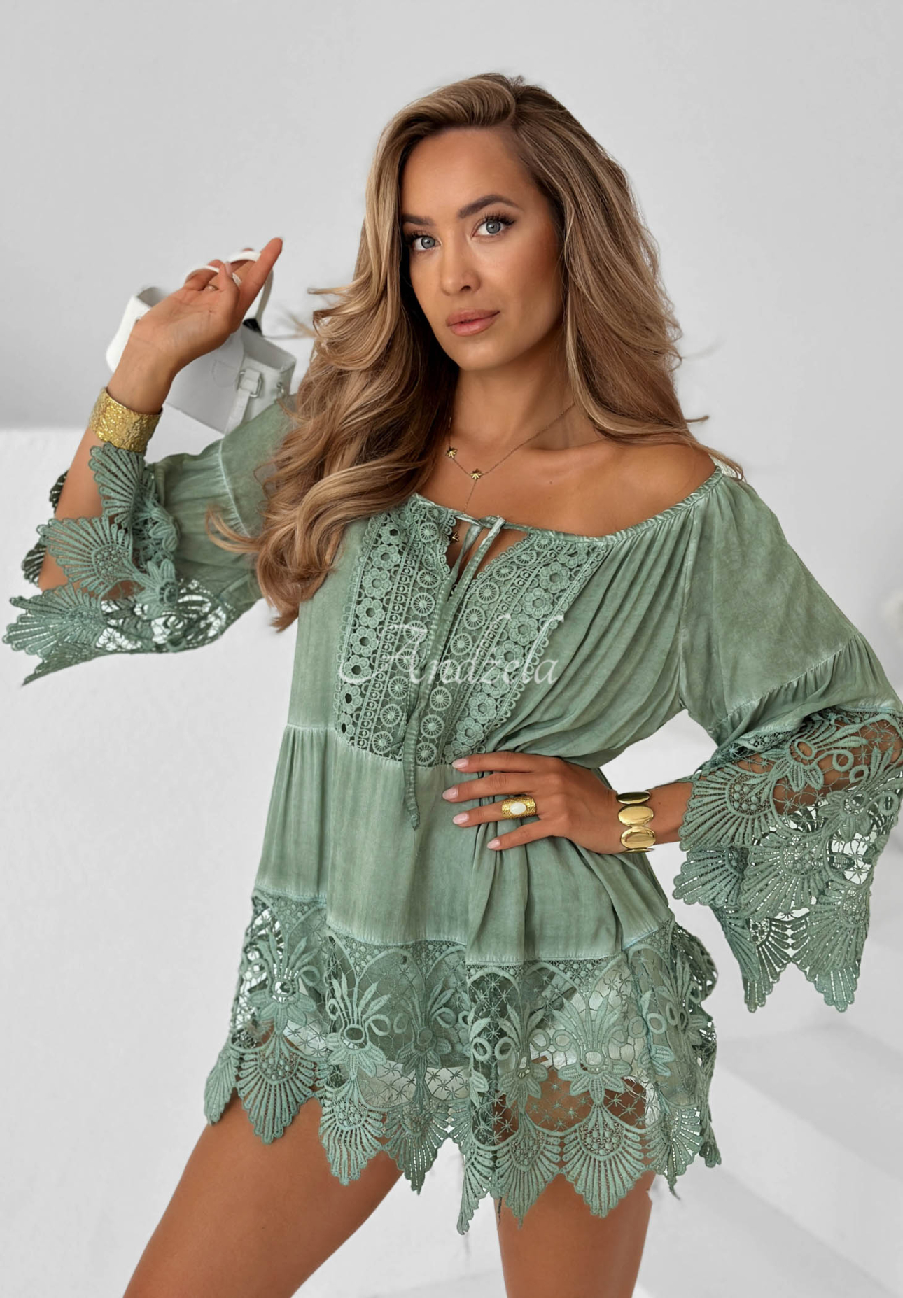 Bluză tunică din viscoză cu dantelă boho Sunny Lagoon