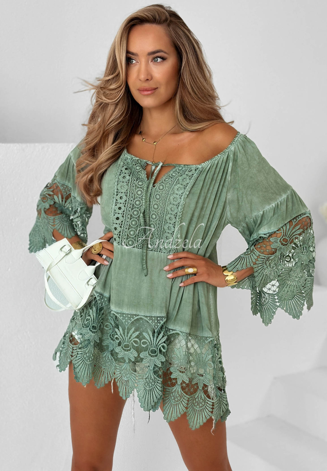 Bluză tunică din viscoză cu dantelă boho Sunny Lagoon