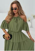 Rochie maxi z falbankami i odkrytymi ramionami Soleil Days măslinii