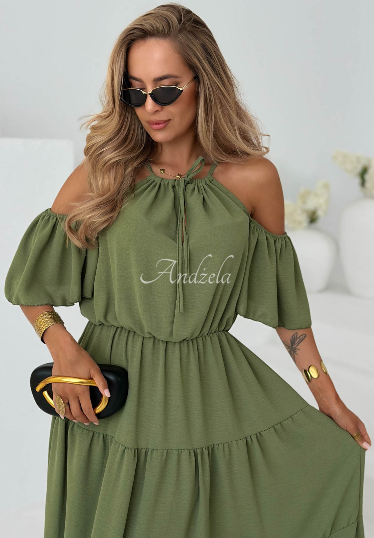 Rochie midi din viscoză cu volănașe și umeri goi Soleil Days