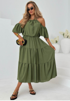 Rochie maxi z falbankami i odkrytymi ramionami Soleil Days măslinii
