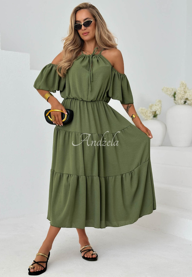 Rochie midi din viscoză cu volănașe și umeri goi Soleil Days