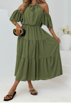 Rochie maxi z falbankami i odkrytymi ramionami Soleil Days măslinii
