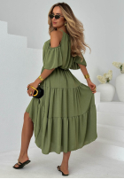 Rochie maxi z falbankami i odkrytymi ramionami Soleil Days măslinii