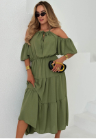 Rochie maxi z falbankami i odkrytymi ramionami Soleil Days măslinii