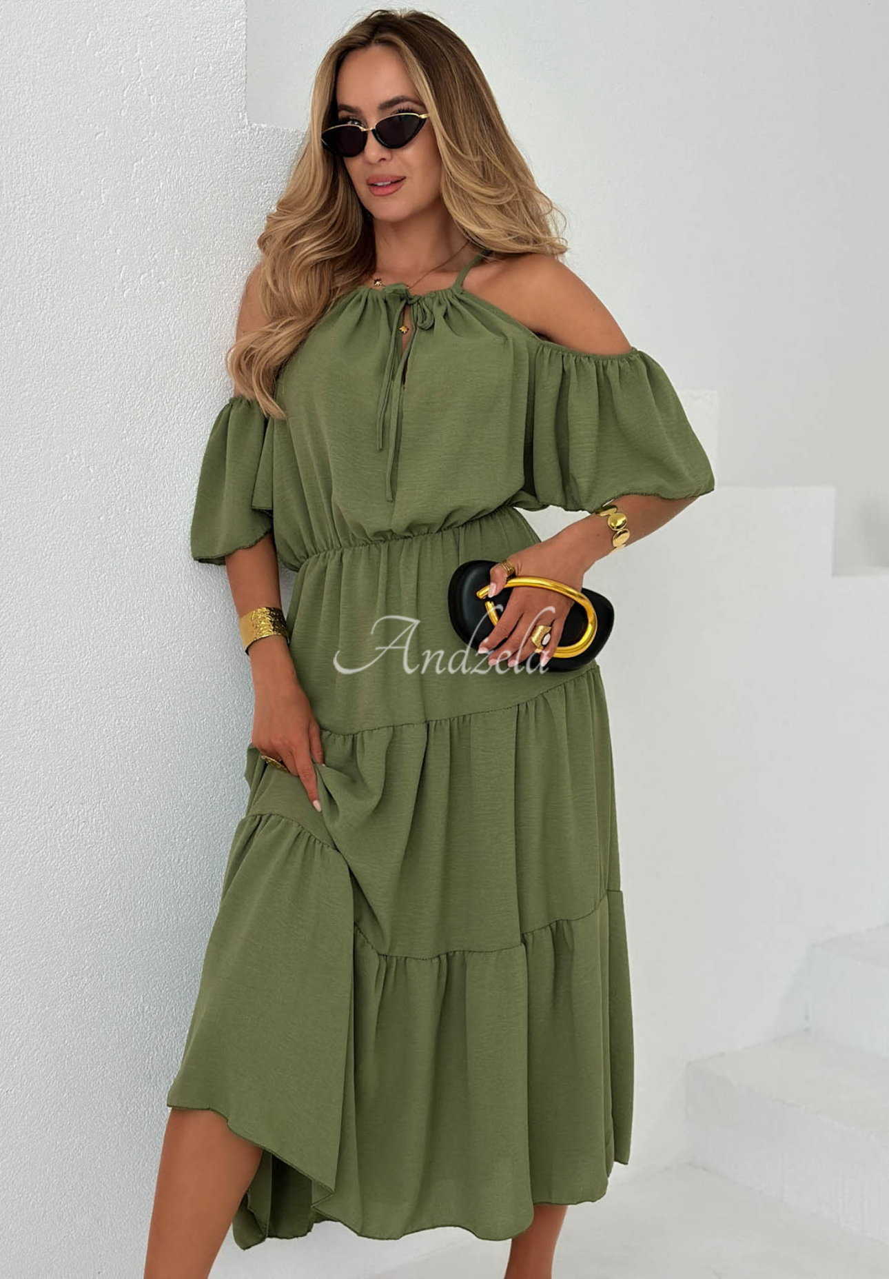 Rochie midi din viscoză cu volănașe și umeri goi Soleil Days