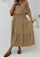 Rochie maxi z falbankami i odkrytymi ramionami Soleil Days măslinii