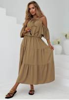 Rochie maxi z falbankami i odkrytymi ramionami Soleil Days măslinii