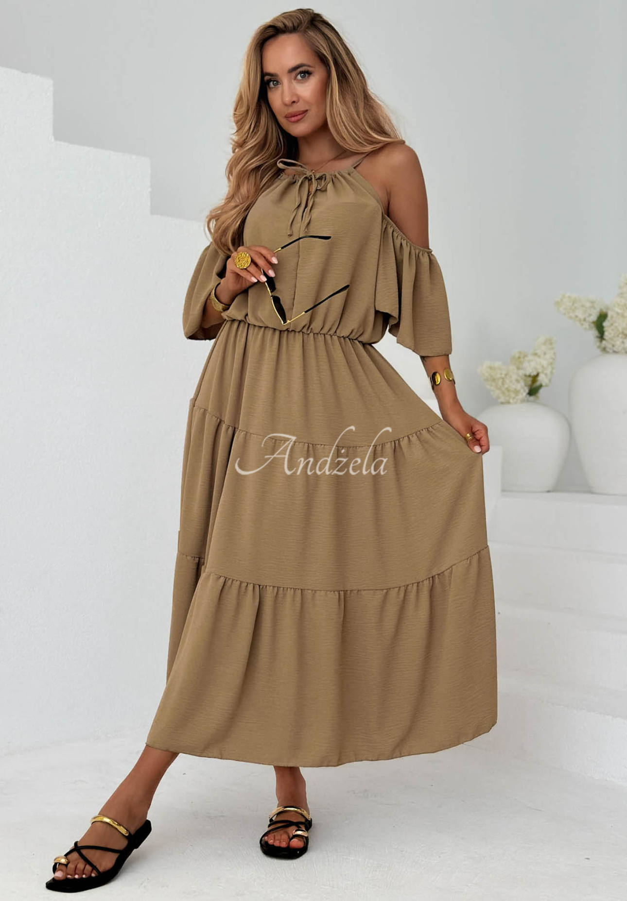 Rochie midi din viscoză cu volănașe și umeri goi Soleil Days