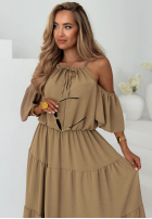 Rochie maxi z falbankami i odkrytymi ramionami Soleil Days măslinii
