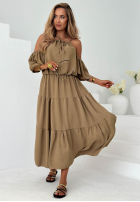 Rochie maxi z falbankami i odkrytymi ramionami Soleil Days măslinii