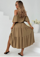 Rochie maxi z falbankami i odkrytymi ramionami Soleil Days măslinii