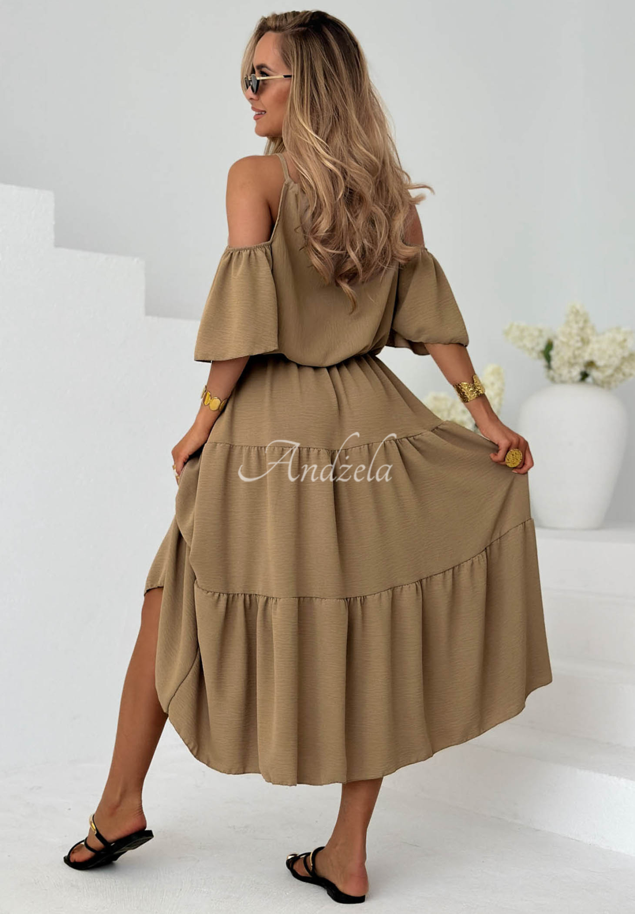 Rochie midi din viscoză cu volănașe și umeri goi Soleil Days