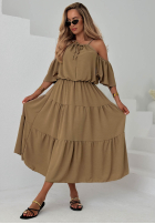 Rochie maxi z falbankami i odkrytymi ramionami Soleil Days măslinii