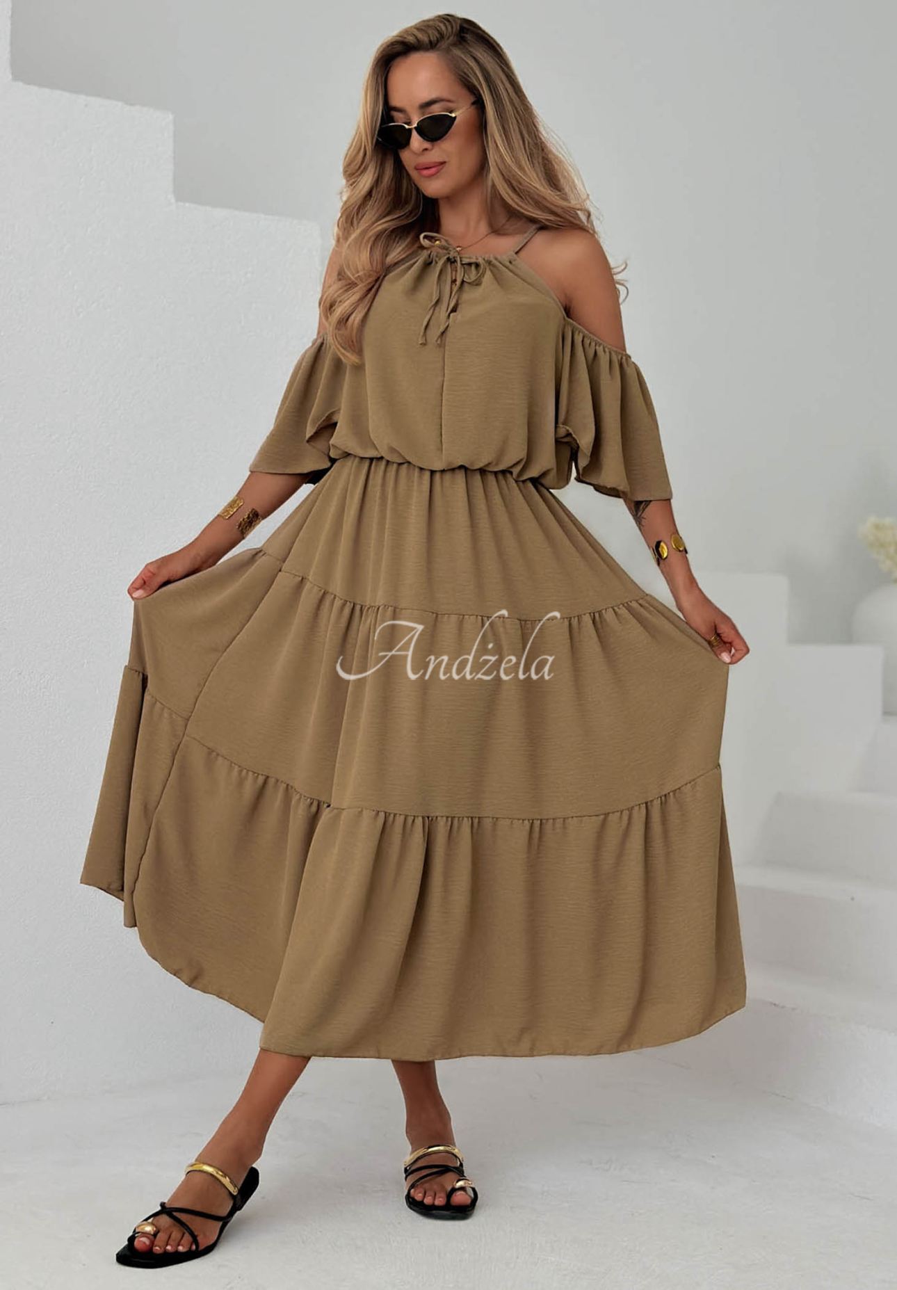 Rochie midi din viscoză cu volănașe și umeri goi Soleil Days